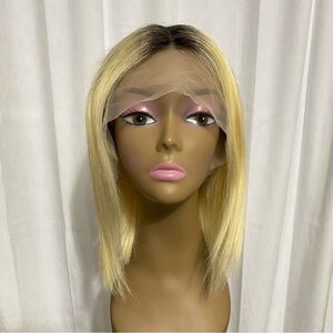 Short Ombré Blonde Bob Wig 100% Human Hair Lace Front T Part Wig 12” Blunt Cut
